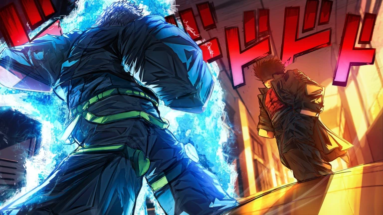 Official Morioh High thumbnail from Roblox: two students and a cyan aura in a school corridor